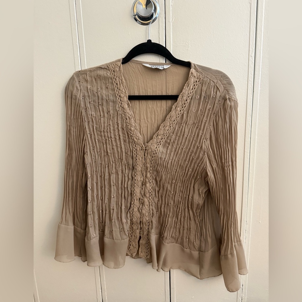 Allison Taylor Beige Blouse with Lace Trim